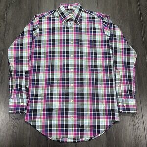 Peter Millar Dress Shirt Nanoluxe Mens Small Purple Blue Green Madras Plaid L/S
